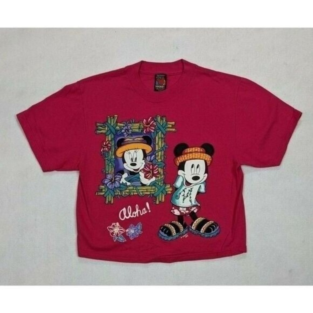 Mickey Unlimited Womens Cropped Shirt Size S Graphic Minnie Aloha Cotton Pink